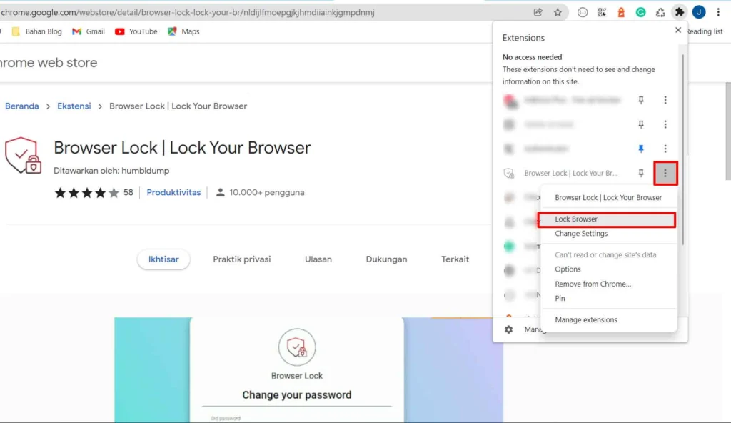 Tela de bloqueio ativo do Browser Lock solicitando a senha após ativação manual