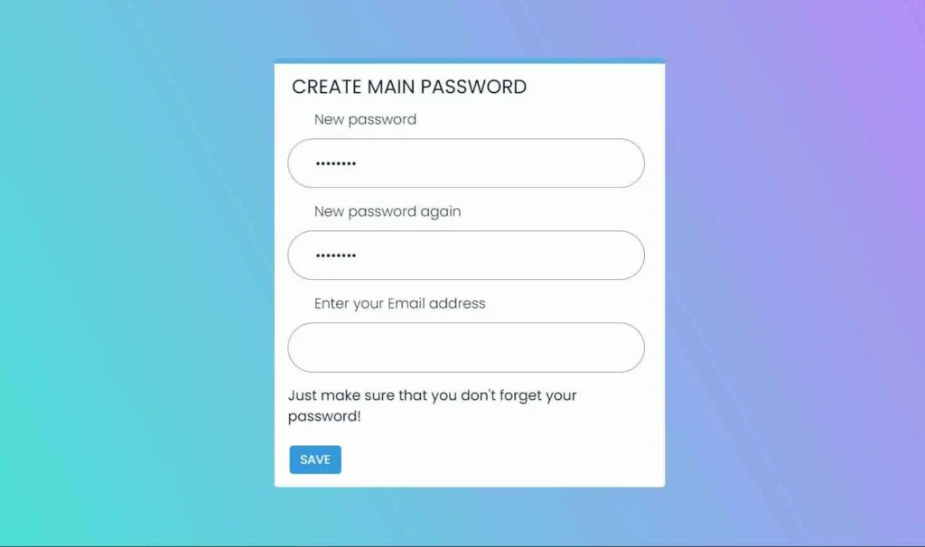 Formulário de criação de senha do Browser Lock com campo de e-mail obrigatório para recuperação de senha
