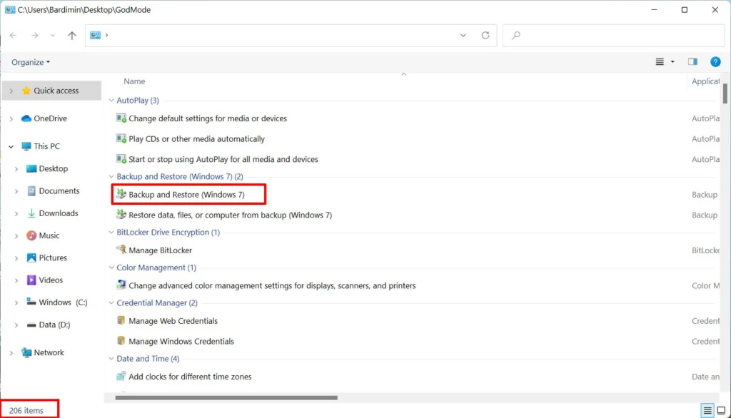 Tampilan lengkap folder God Mode dengan berbagai kategori pengaturan