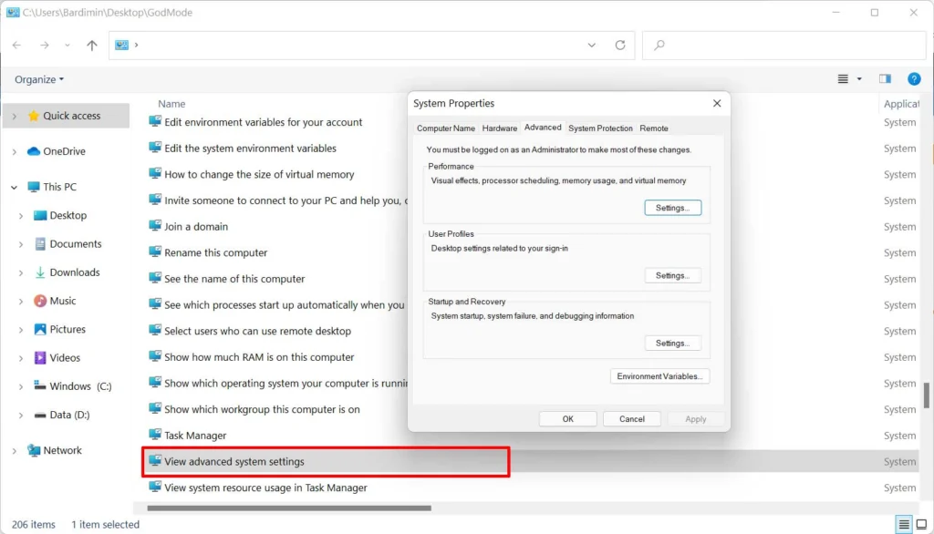 Pintasan Advanced System Settings di dalam folder God Mode