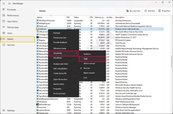 set priority task manager set priority task manager