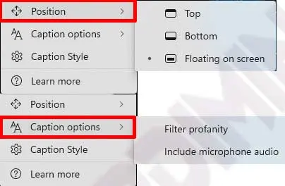 live captions setting