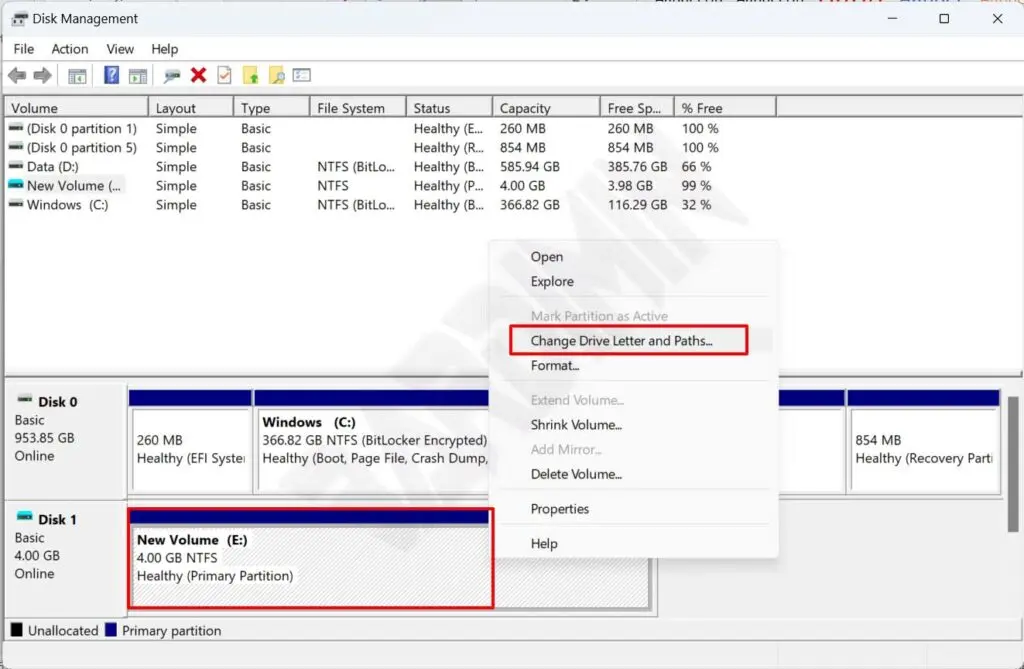 disk mangement change letter