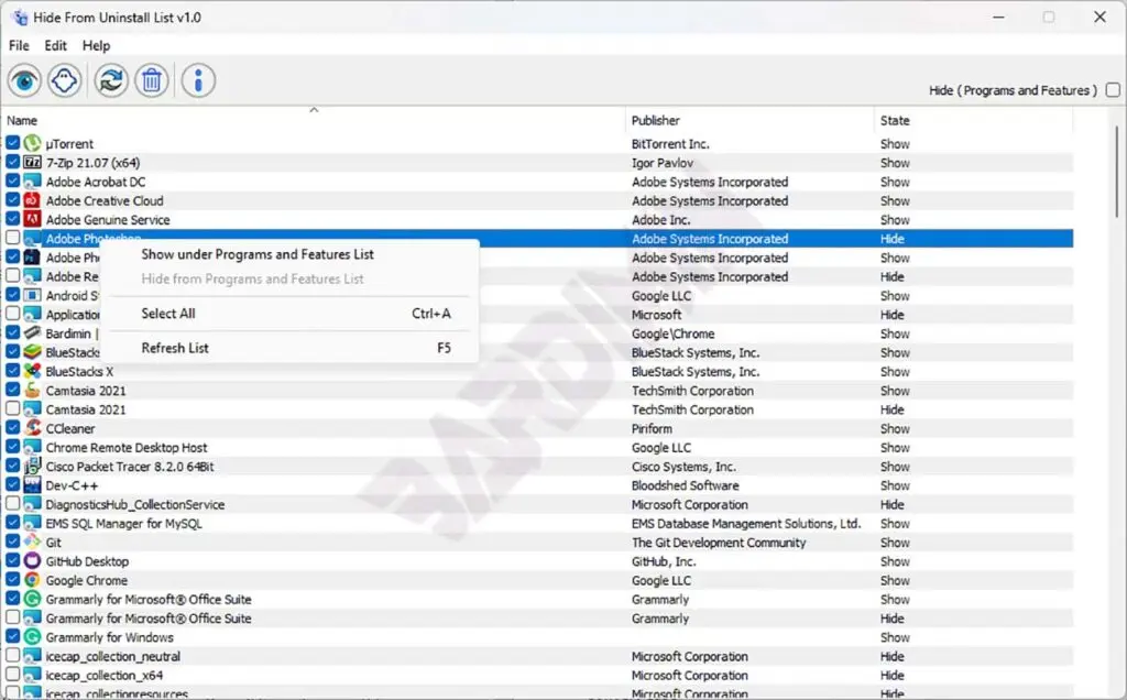 Hide From Uninstall List