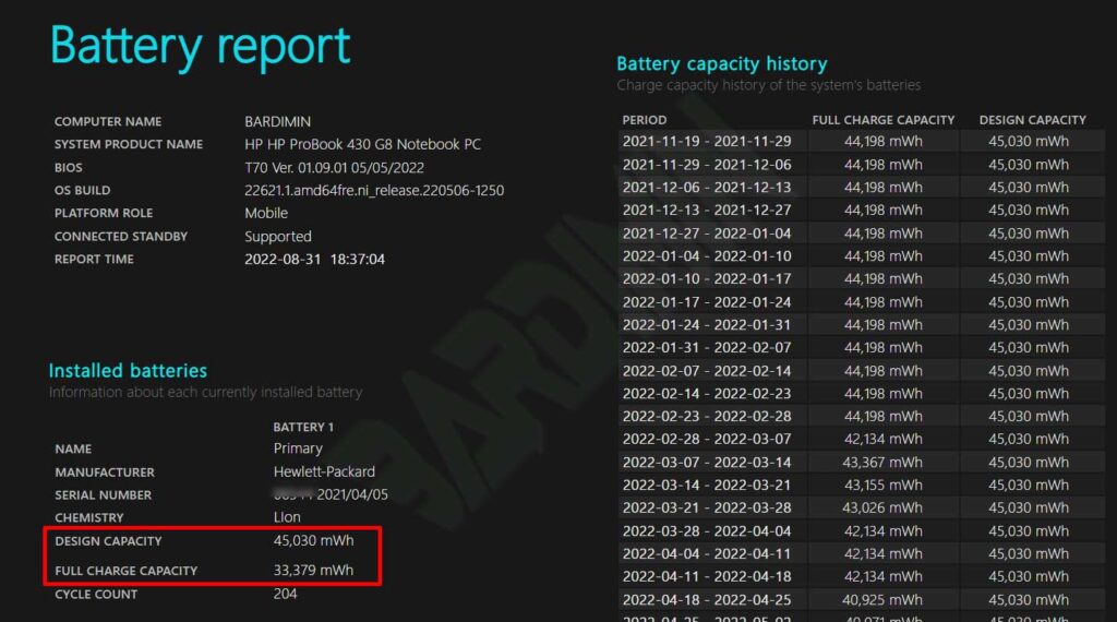 battery report detail