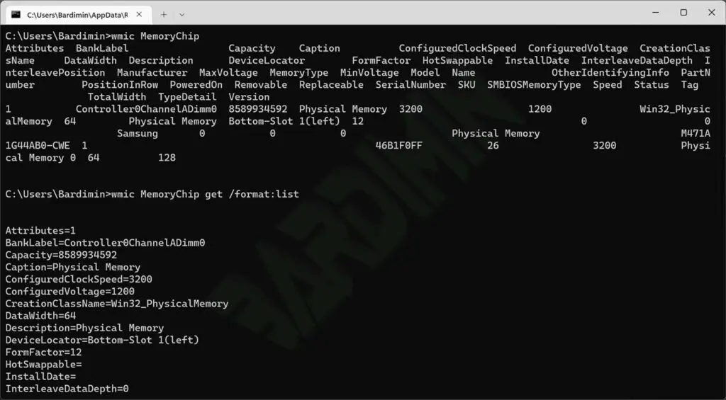 cmd wmic memorychip