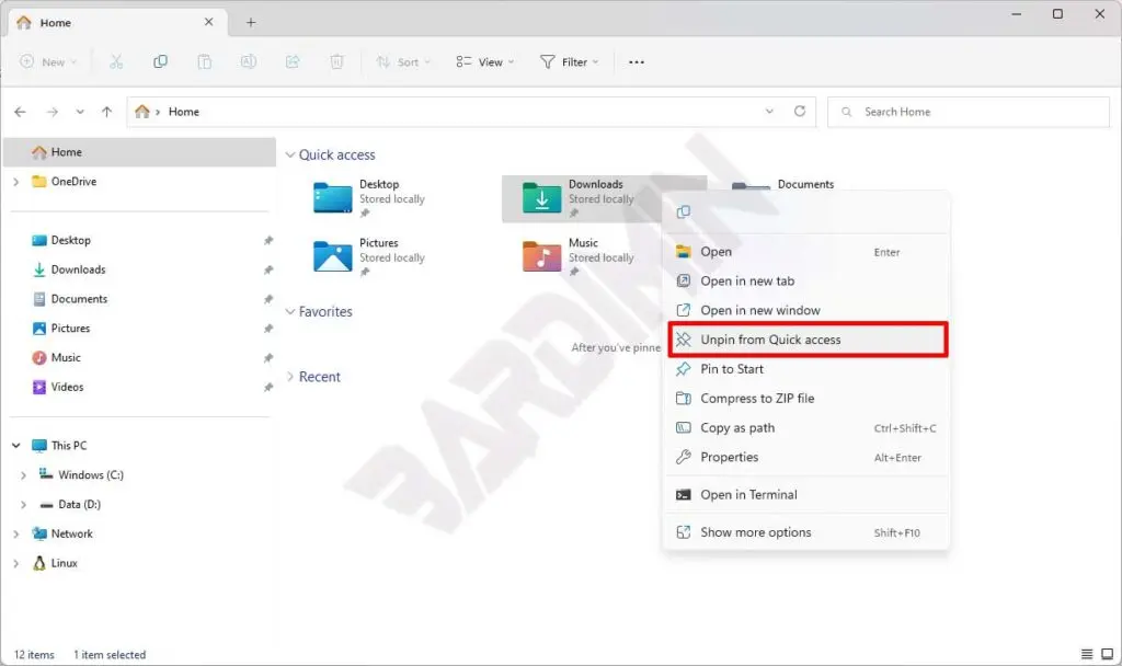 file explorer unpin quick access