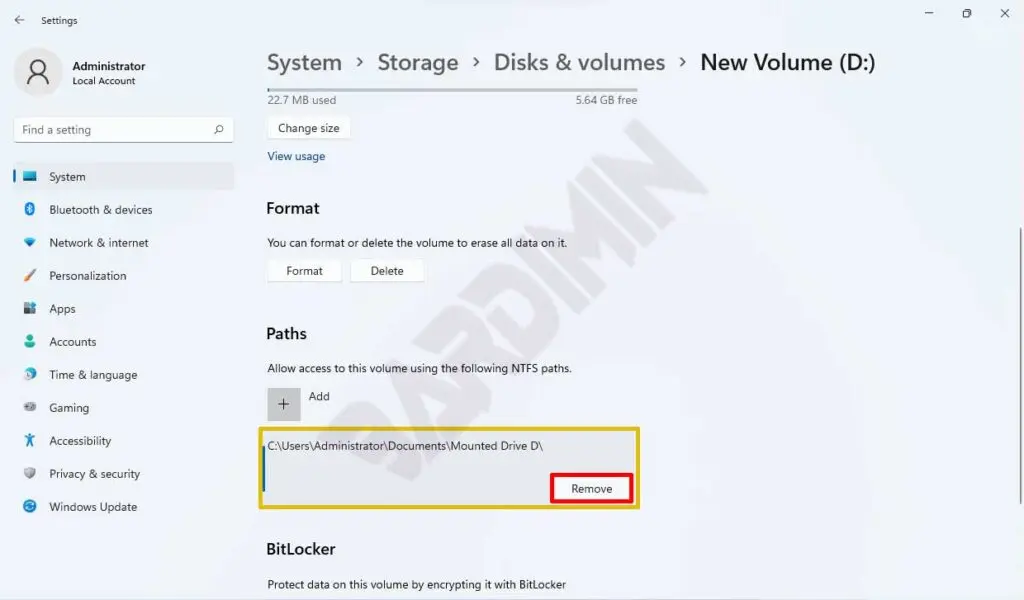 setting Disks volumes remove