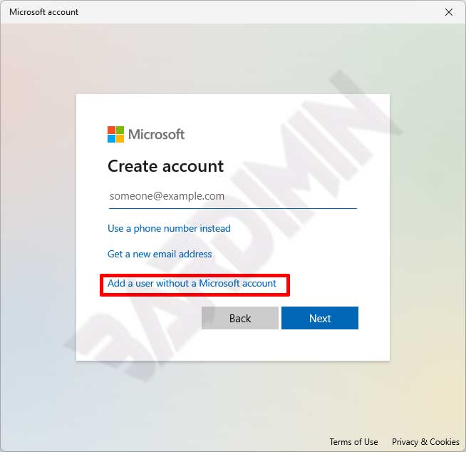 setting account Add a user without a Microsoft account