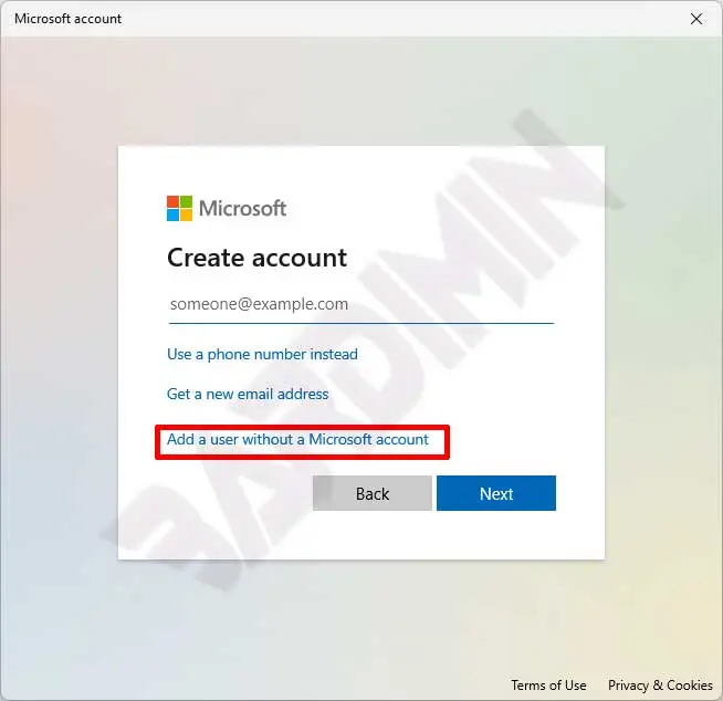 setting account Add a user without a Microsoft account
