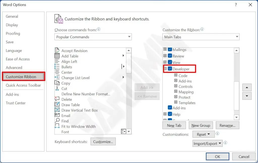 word options ribbon