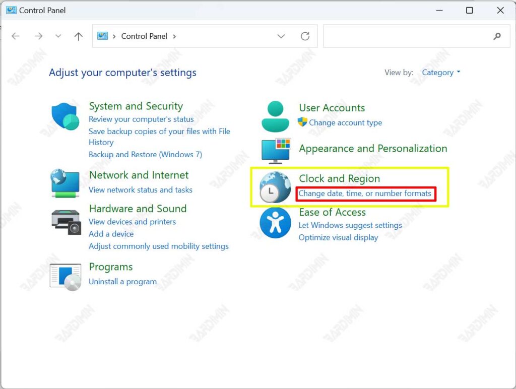 control panel change date time format