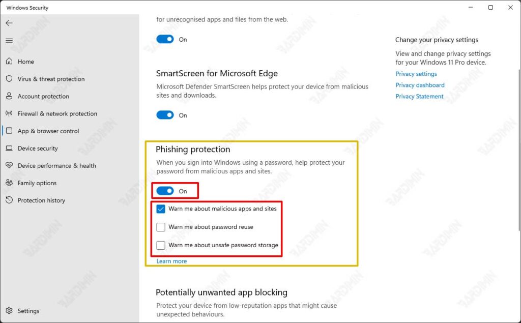 windows security Phishing Protection