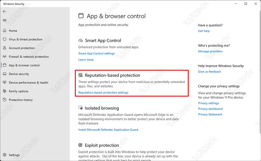 windows security Reputation based protection settings