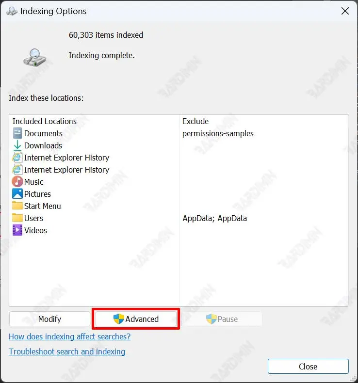 indexing options