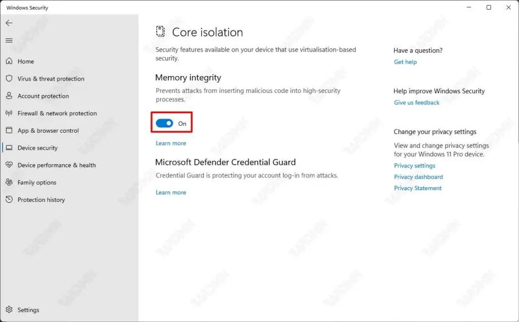 windows security memory integrity