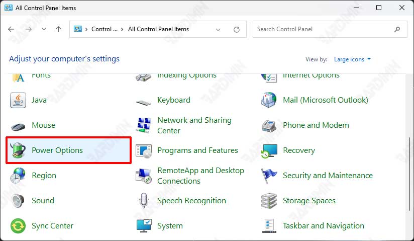 control panel power options