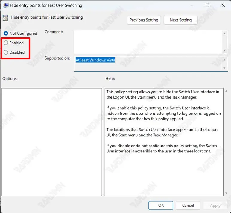 gpedit Fast User Switching properties