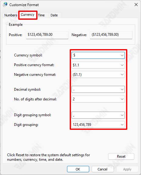 region format currency