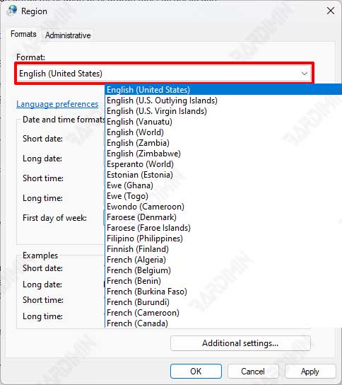 region format local