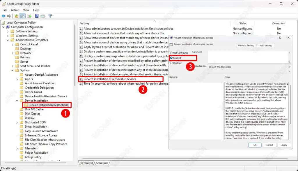 Gpedit Prevent installation of removable devices