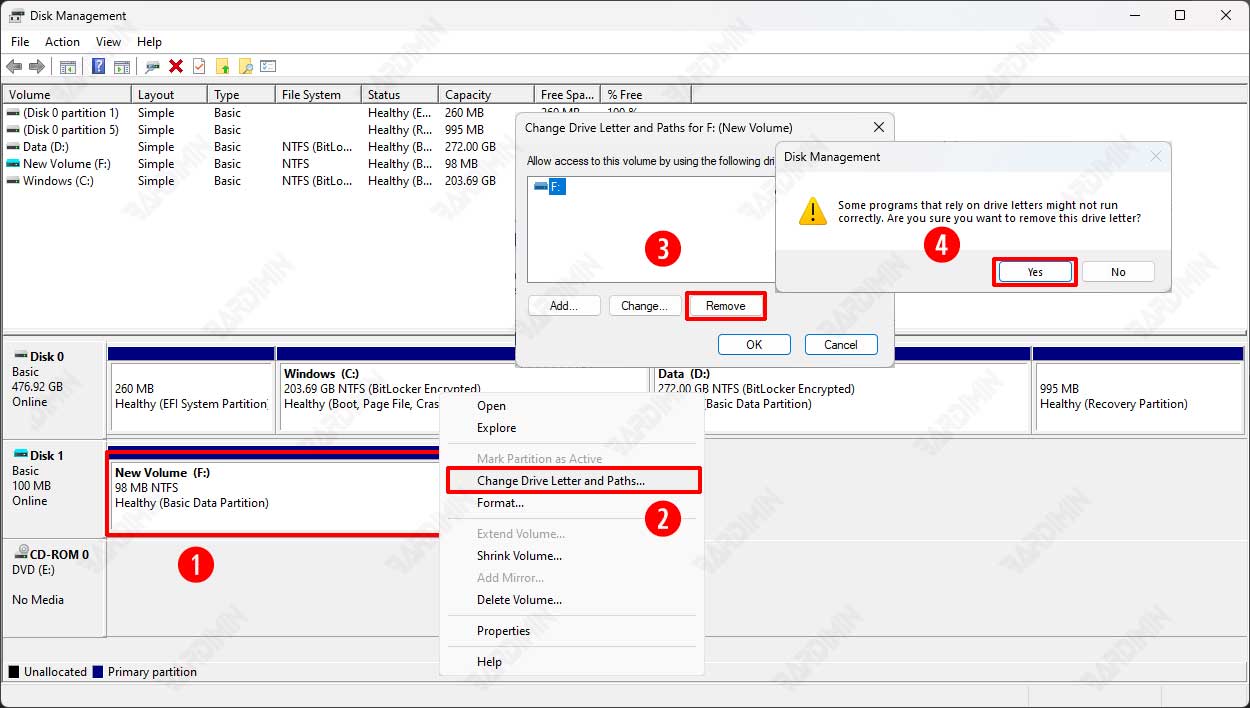 disk manegement rremove letter
