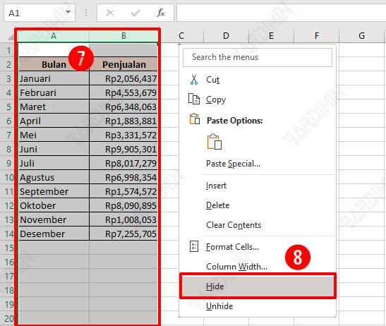 excel hide column