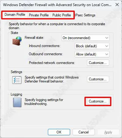 firewall advanced action properties customize