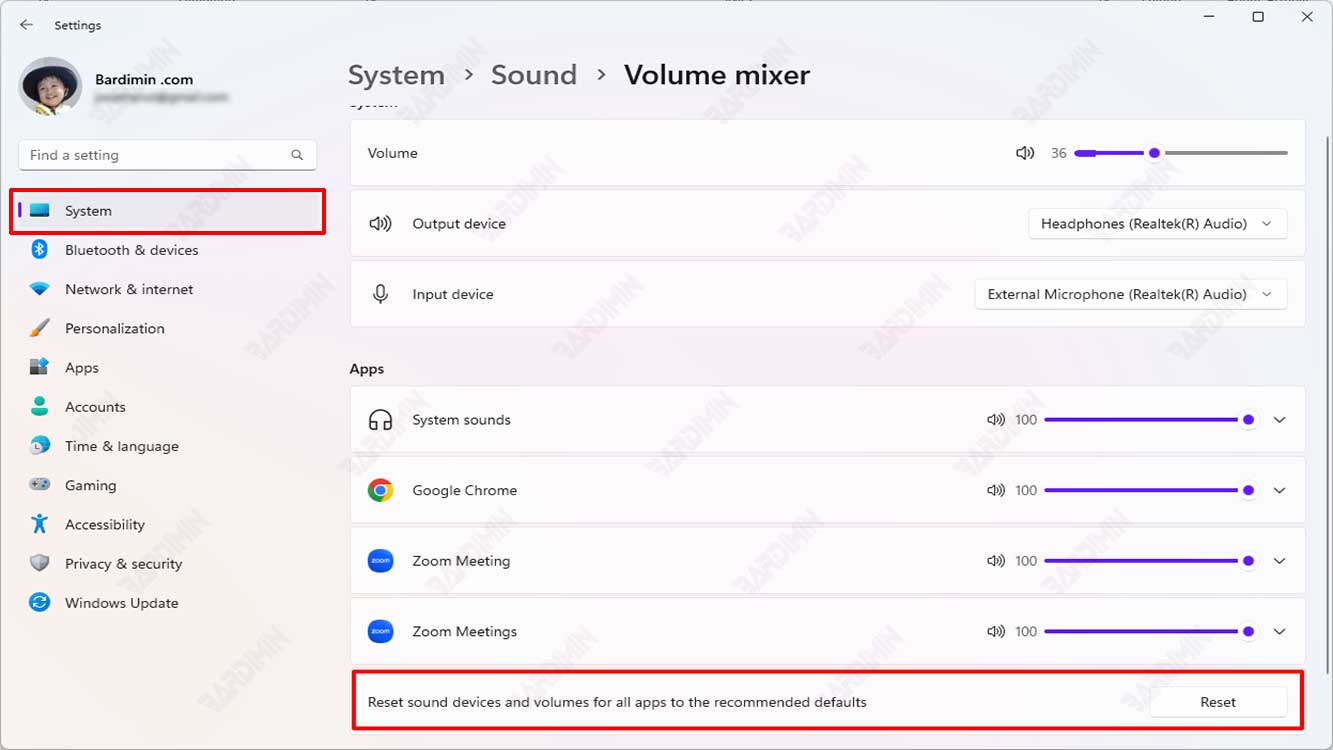 setting reset sound