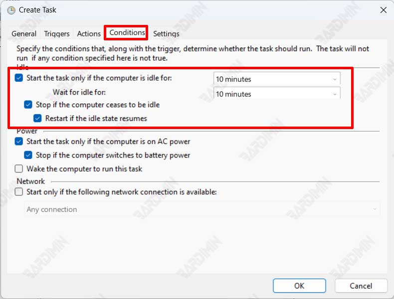 Task Scheduler conditions auto shutdown