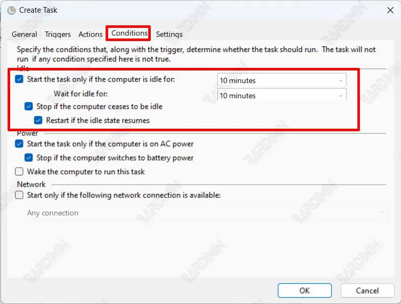 Task Scheduler conditions auto shutdown