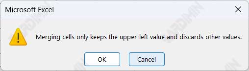 excel merge cell warning
