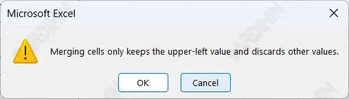 excel merge cell warning