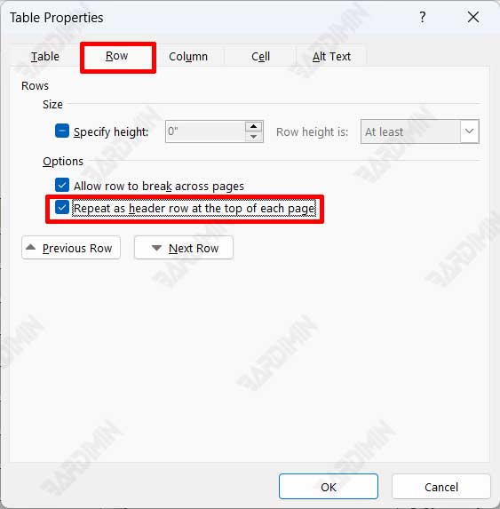 table properties repeat rows