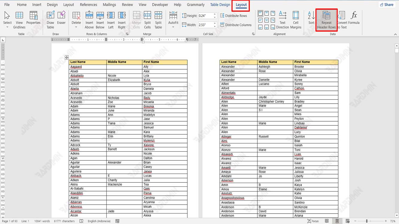 word repeat header rows