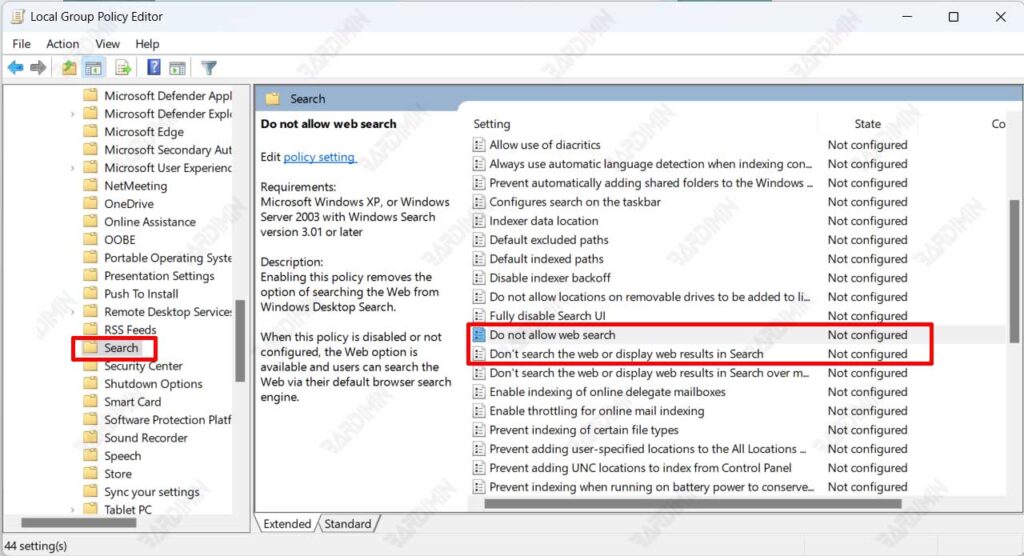 group policy editor web search in start menu