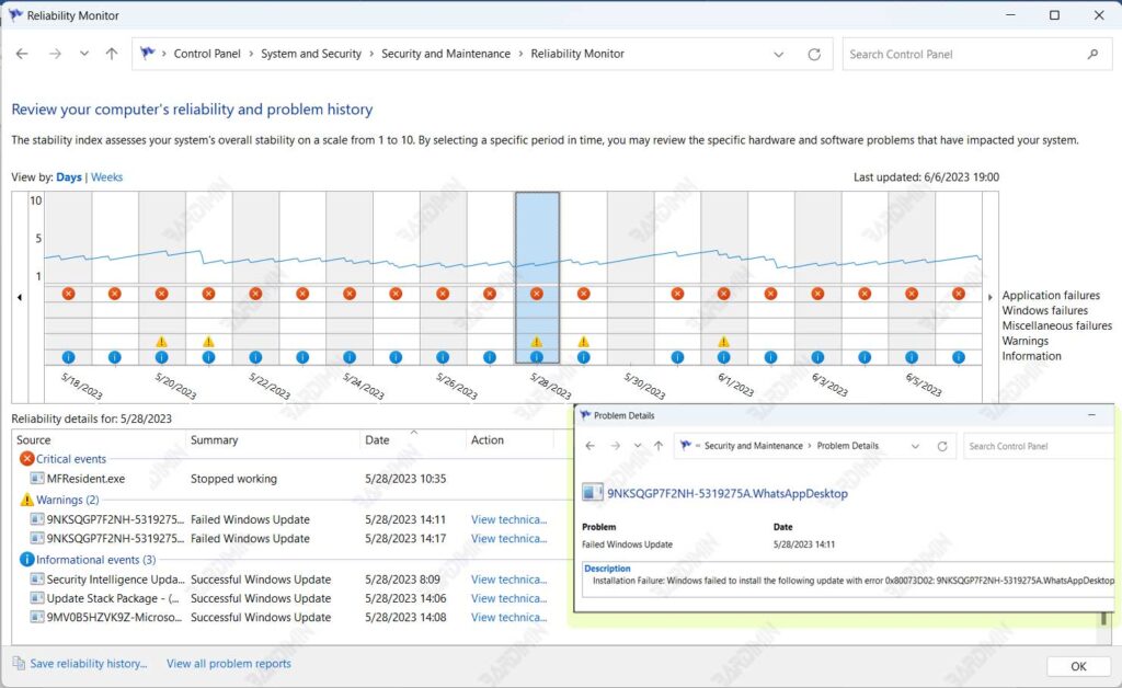 reliability monitor problem detail