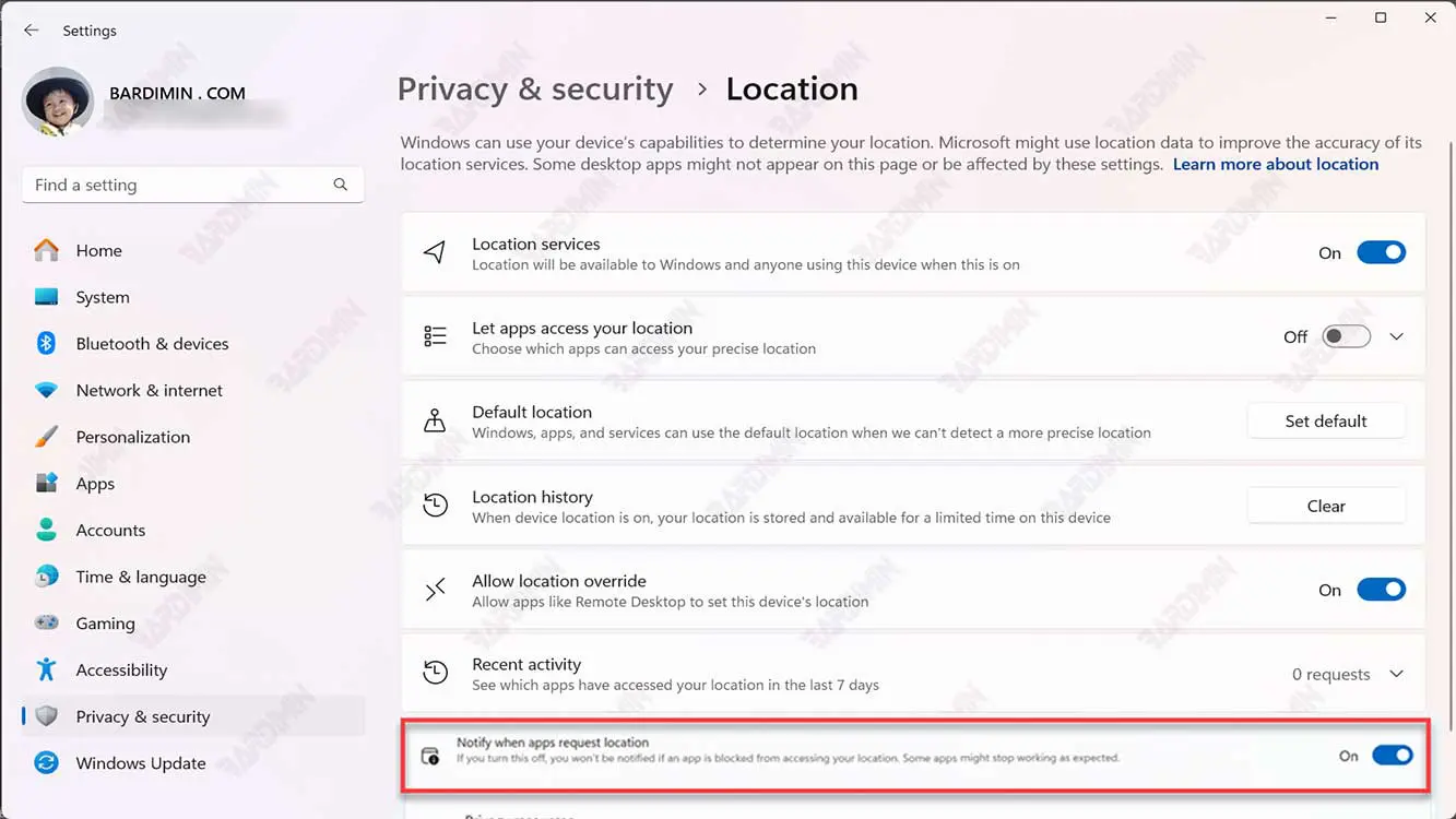 How to Enable or Disable Notifications When an App Requests Location in Windows 11
