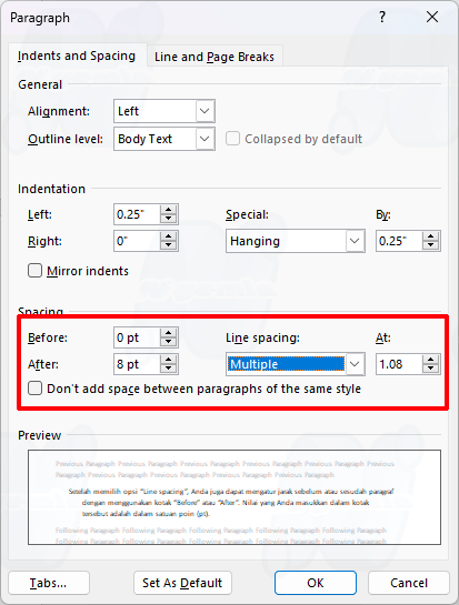 line spacing dialog box