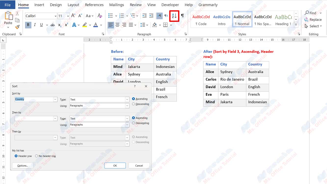 sort table in word