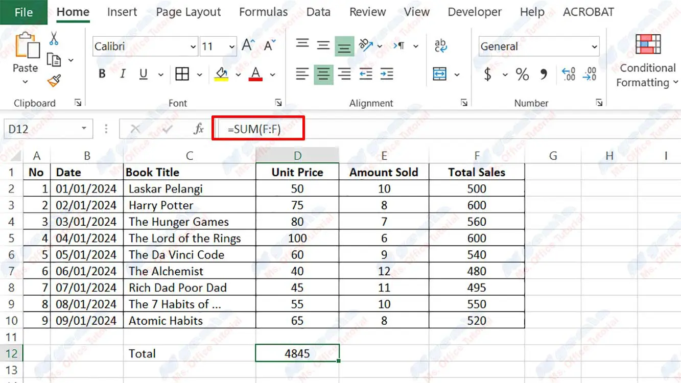 sum column excel