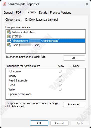 access the permissions menu via Properties