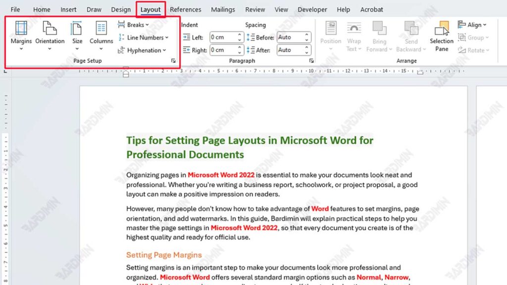 Setting Page Layouts in Microsoft Word