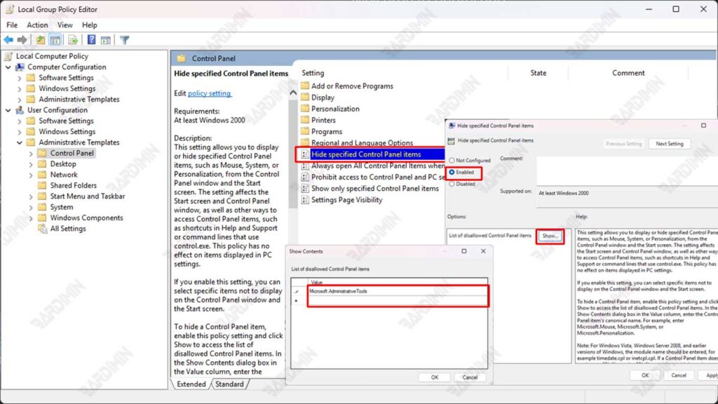 Hide specified Control Panel items