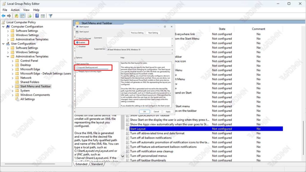 Group Policy Editor Start Layout