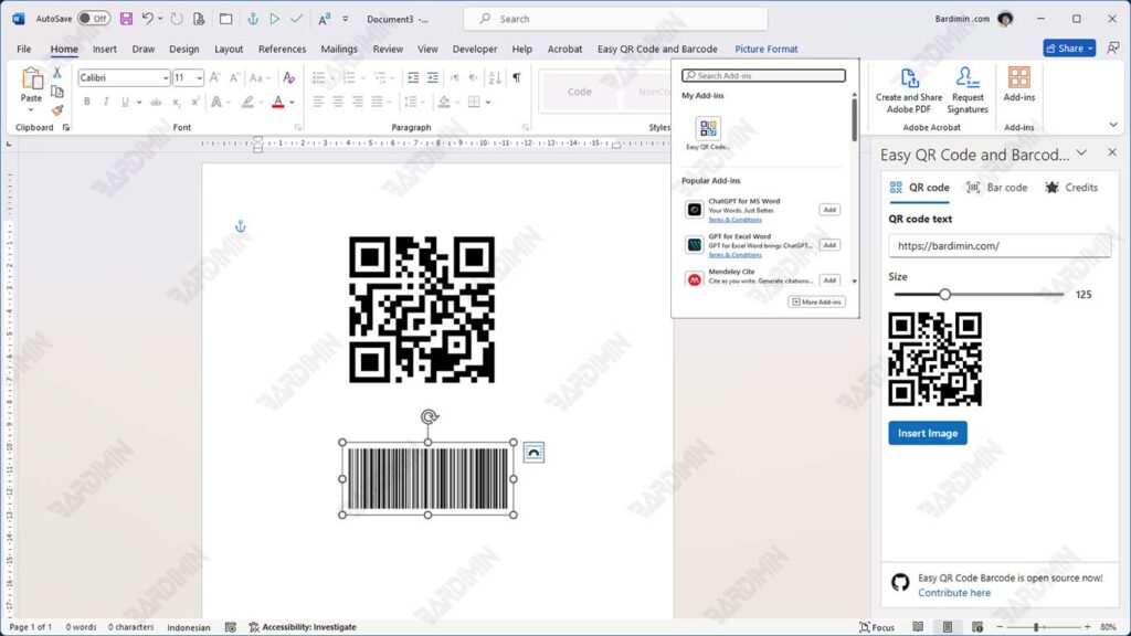QR Code and Barcode in Ms Word