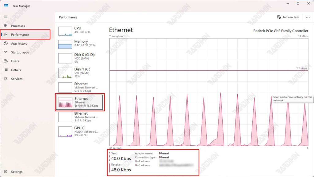 task manager ethernet speed