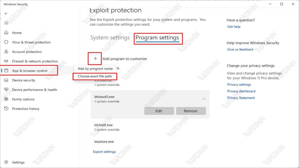 Exploit Protection settings