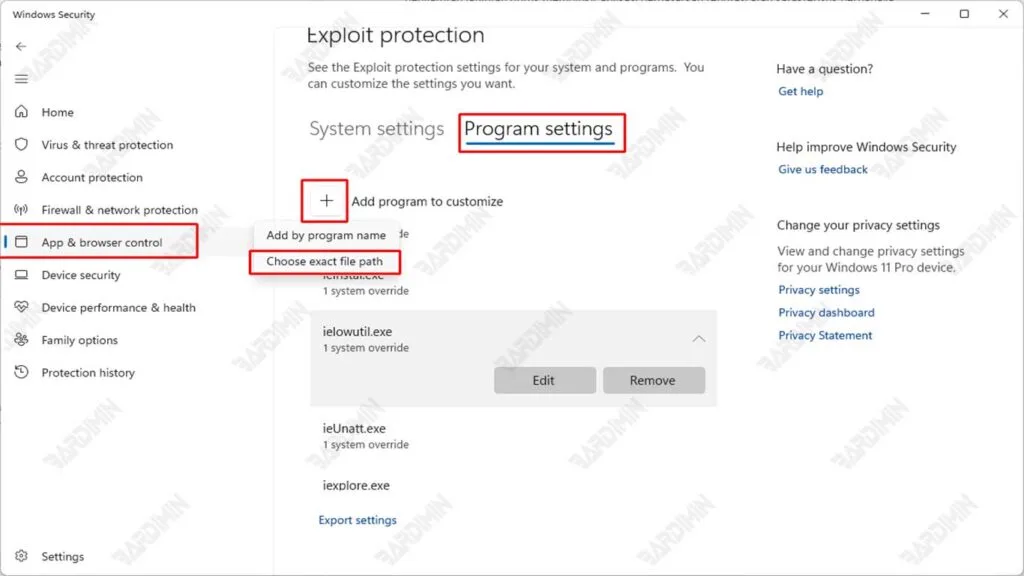 Exploit Protection settings