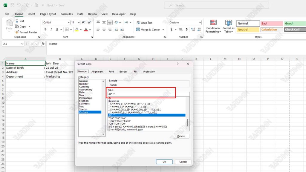 Excel cell format right aligned colon
